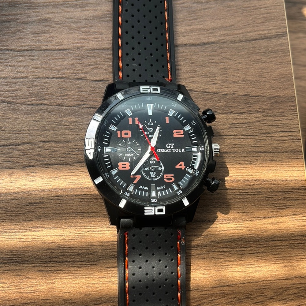 Black white and orange Grand Touring GT rubber sport watch